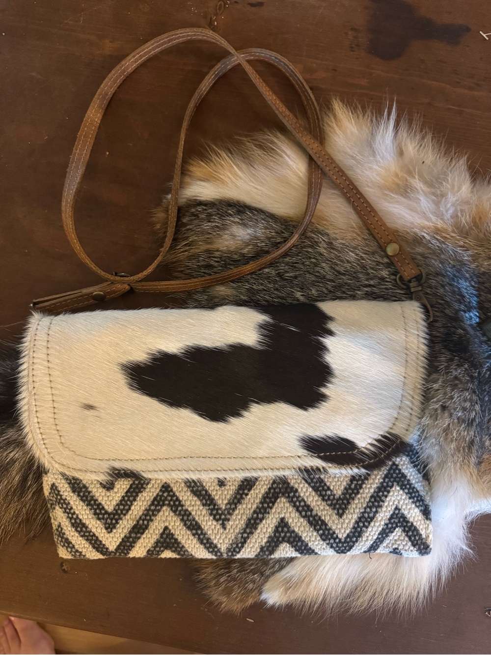 Myra Bag White & Brown Cowhide Chevron Shoulder Bag